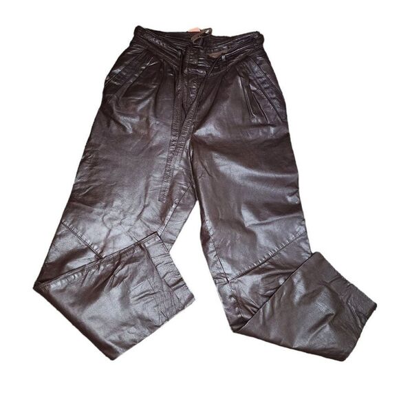 Vintage 80s Leather High Waisted Belted Pants Womens Size 40 EU Size M US Brown - Picture 1 of 6